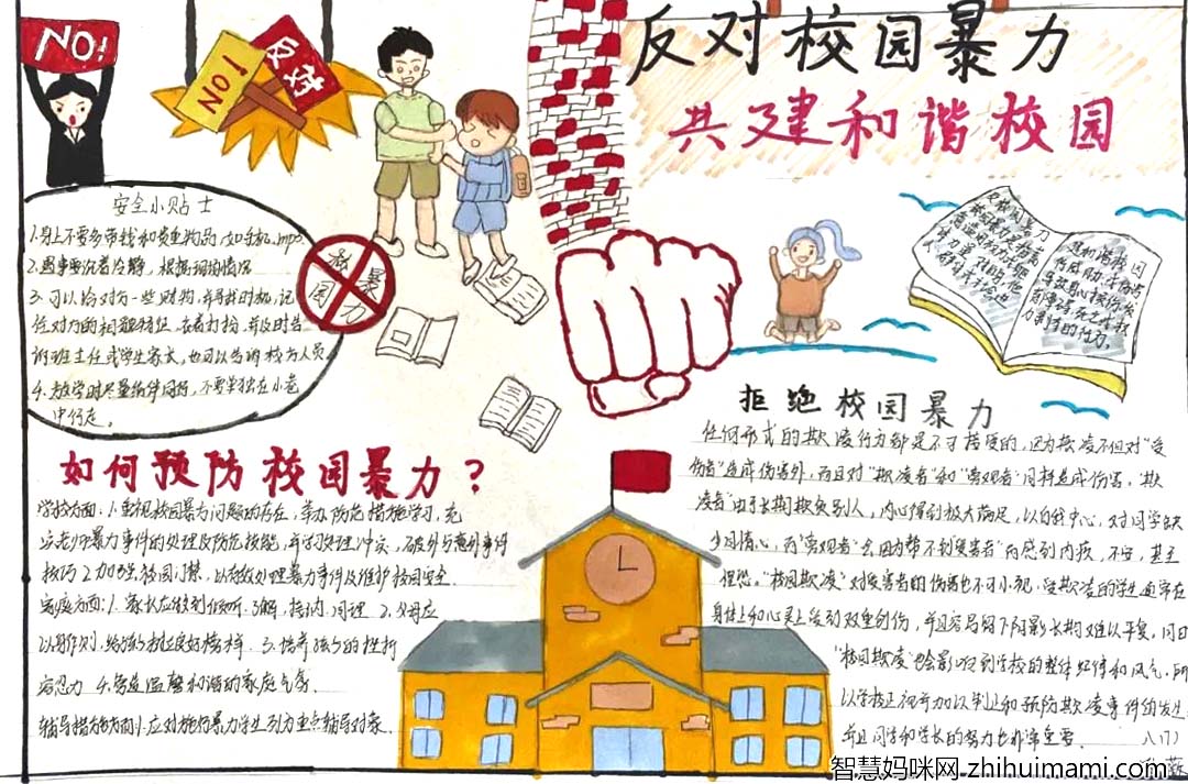 简单又好画防校园欺凌手抄报七年级-图1