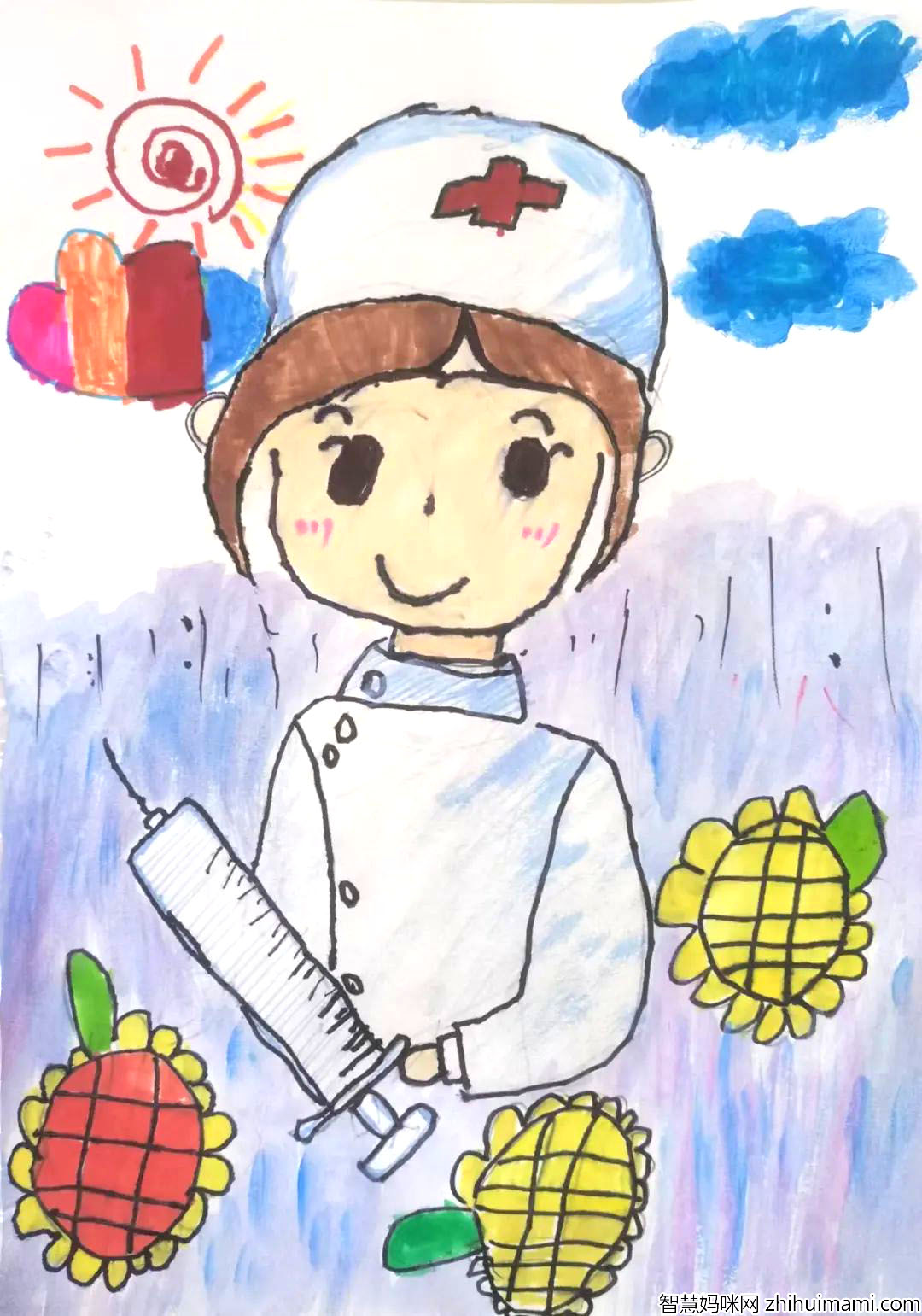 步骤1：绘画主题：我的护士妈妈  想对妈妈说的话：妈妈，你的节日快到了，祝妈妈和阿姨们节日快乐，爱你们哟！