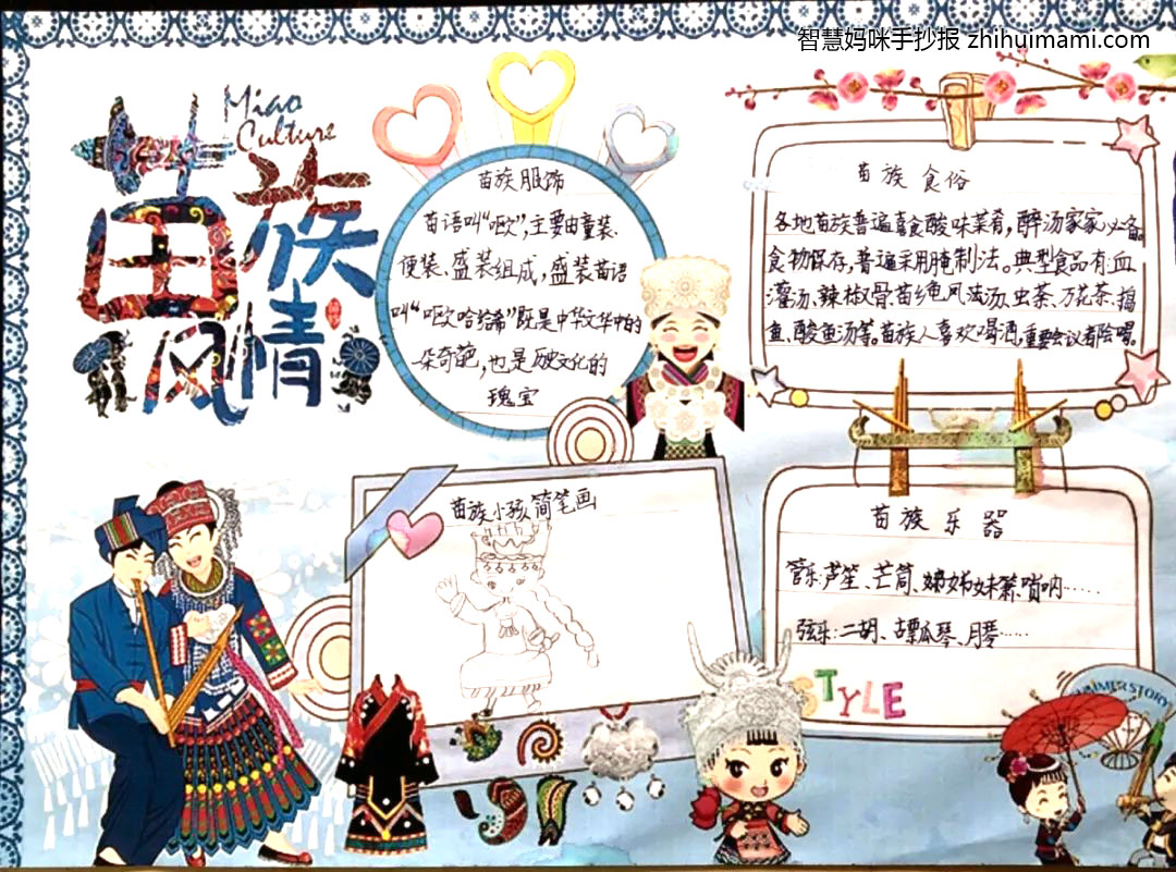 3张漂亮的苗族风情手抄报绘画-图1