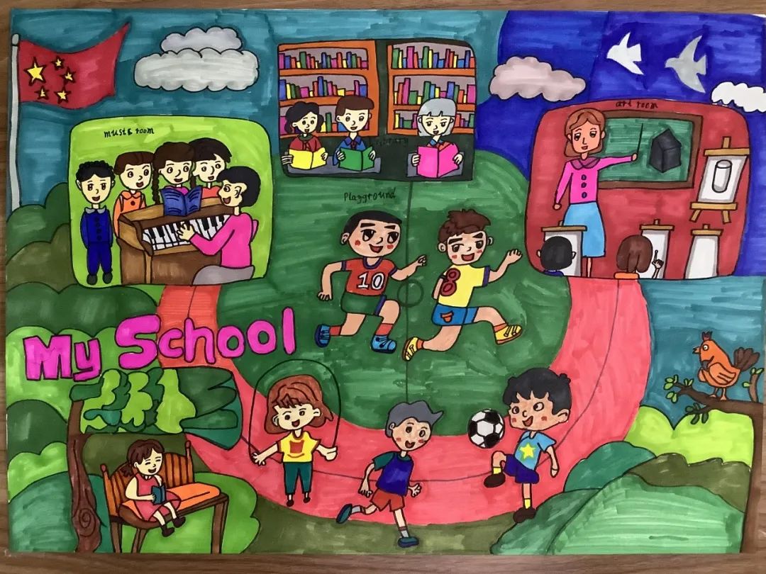 9张漂亮的校园风光主题儿童画-图3