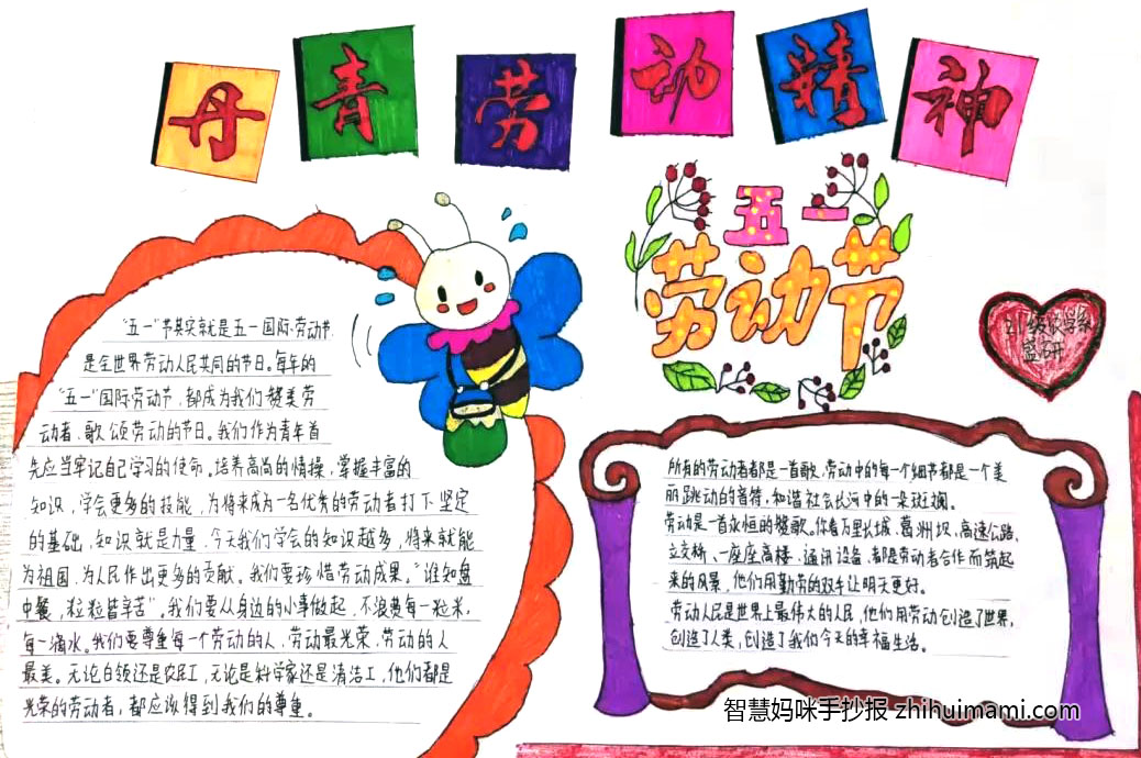 步骤1：手抄报内容主要展示了对劳动节来历的了解，以及对新时代青年如何继承劳动节精神的思索与想法，对最伟大的劳动人民的歌颂与赞美。劳动人民如勤劳的蜜蜂一样为世界的共同繁荣做出贡献。