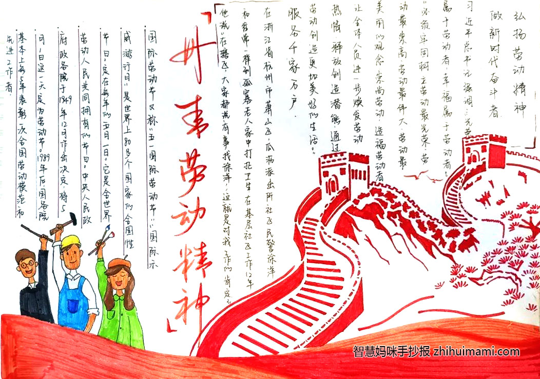 步骤9：回望历史，长城是我国古代劳动人民汗水与智慧的结晶，也是古人劳动精神的充分表现。看今朝，作为青年一代我们更应培育形成爱岗敬业，艰苦奋斗的劳动精神，传承这一优秀品质。