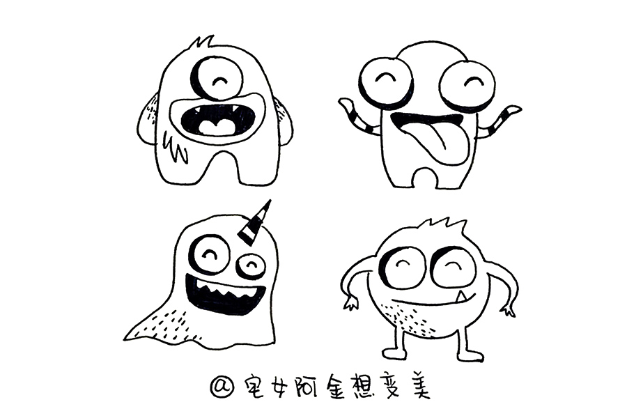 8只大眼睛小怪兽简笔画-图1