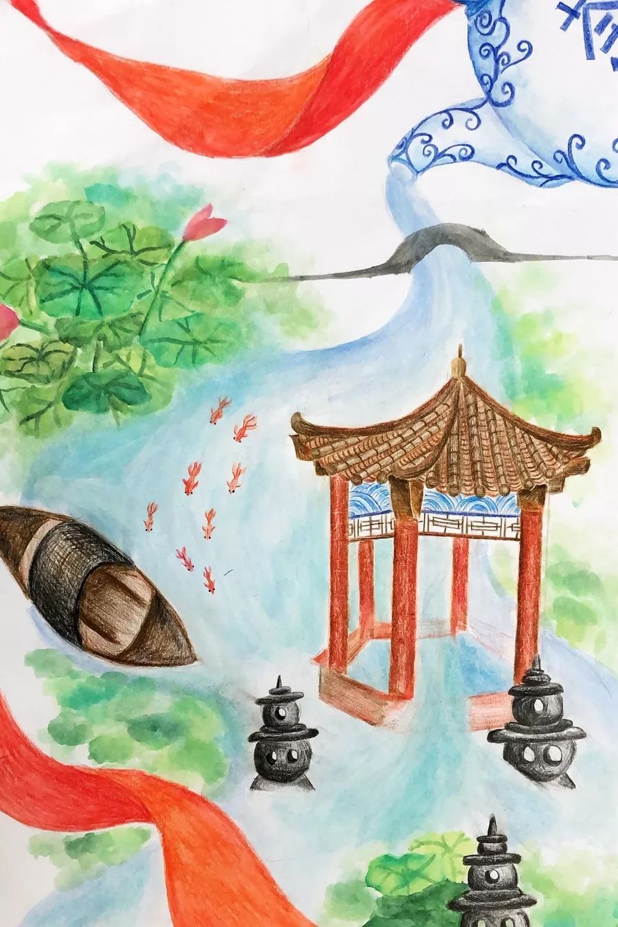 步骤5：茶语西湖：这幅画的主体是一个飘着红绸带的青花瓷茶壶，红绸带贯穿整幅画。寓意为当时革命先辈们常常会在茶馆里商讨与敌人的作战机密，从而与主题红色记忆呼应。茶壶里倒出了西湖的美景，有乌篷船、亭子与三潭印月，以水流衬底，寓意西湖变化迅速。整幅画色彩清淡，与西湖的风格相符合。