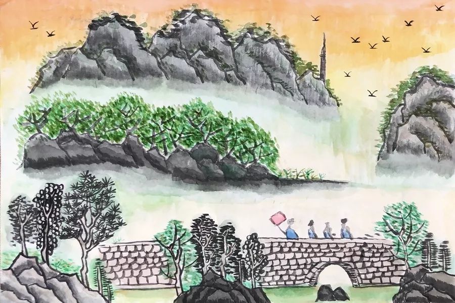 步骤2：「大雁归杭」以红色为背景，融入西湖的断桥元素，已回归的大雁与红色相衬，展现和谐宁静的游子归乡画面。主色调是墨色和暗绿色，似盛夏，又似初秋。深绿和浅红交织在一起，表达了一种由此返乡愁肠的情感。