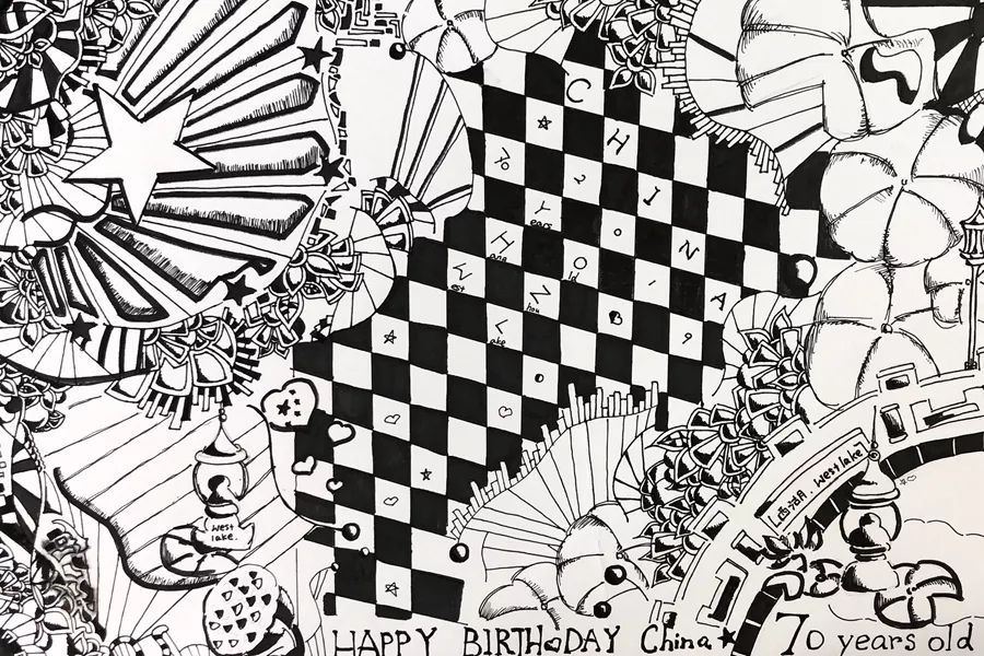 步骤5：「国旗 祖国之花」五星红旗之上，绽放着花朵，是青少年们，是祖国的花朵, 是祖国的未来。这幅画，以五星红旗和花朵，西湖相结合而成。花儿代表着少年，热情绽放。背景则由棋盘，西湖风景组成。用黑白线条，展现热情积极与向上。