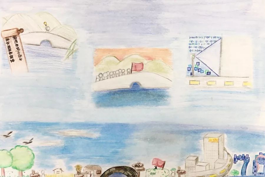 步骤1：《过去 现在 未来》这幅作品通过一个时间轴串联起了过去，现在和未来，和其他的不同，这幅画由许多不同的场景串联起来而成，加入了许多杭州的元素，也融入了建国70周年和祖国更加强盛的心愿。