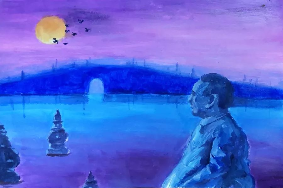 步骤5：《记忆犹新》本作品以蓝紫色为主色调，营造出一种怀念过去的气氛。断桥，三潭映月彰显着杭州在迅速发展中，却不失的古典气息。空中的一轮明月，散发着无限的光明，围在其周身的七只飞鸟，象征着人民在党的光明领导下，自由快乐的生活。画中主体人物周恩来侧着身子，回忆着过去，脸上洋溢着慢慢的幸福。