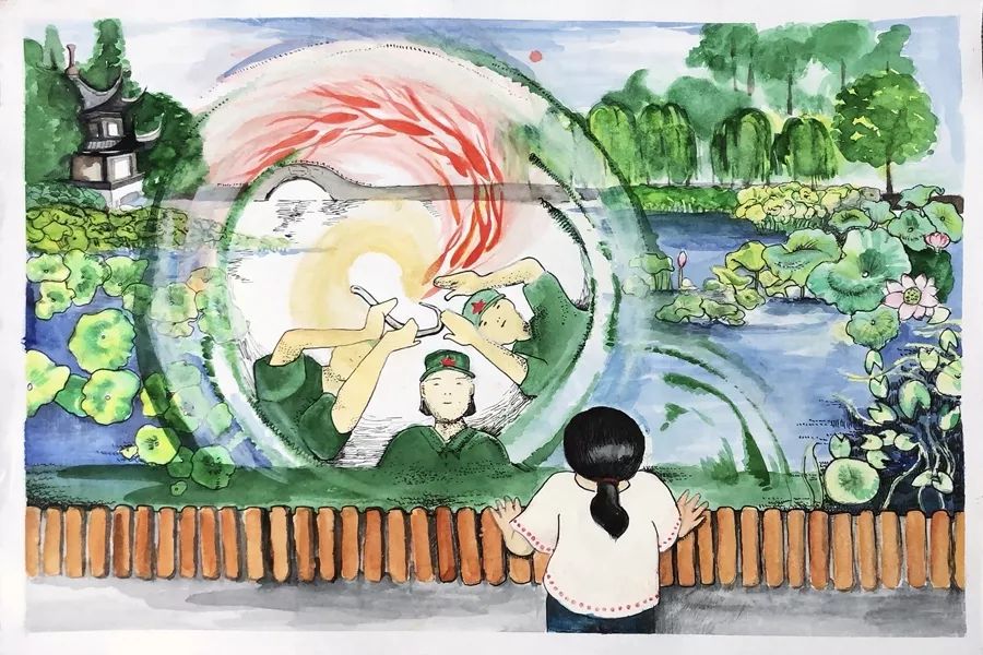 步骤1：《金色的鱼钩》这幅画的灵感源于人教版小学课本中《金色的鱼钩》一课，讲述的是红军过草地时的故事。画中站在桥边的姑娘把视线引向三个手捧鱼钩的倒影，他们帽上的红星点明了“红色记忆”的主题。画面下部为从上向下的视角，上部则是远景。水波巧妙地将上下部衔接，做了夸张处理的鱼钩使背景的自然元素与故事更加和谐。