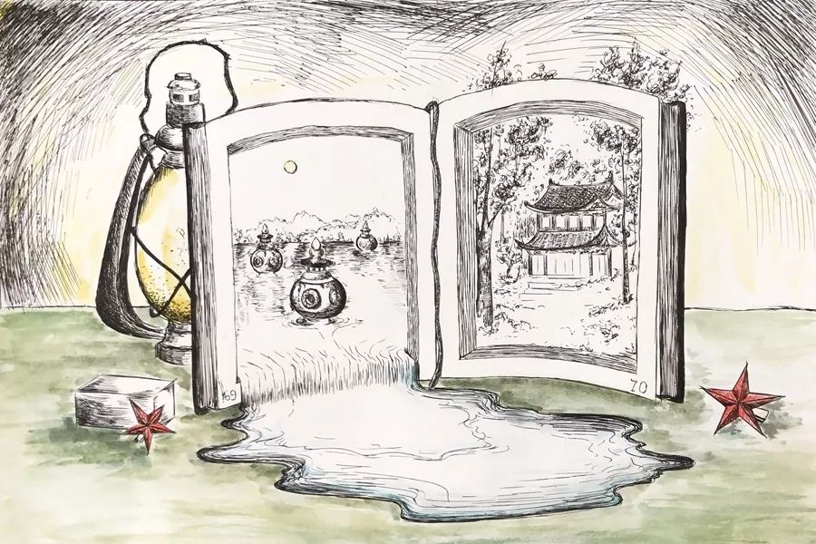 步骤4：《如果你突然打开一本书》作品中央是打开的一本书，右边一页是杭州的古寺，古寺旁边树的部分叶子从书后面露了出来。书中左边一页是西湖中三潭映月的夜景，西湖的水从书中潺潺流出，在桌面上形成了一个小水潭。书的左后方是一盏老式的煤油灯，灯发出的暖暖的黄光照亮了黑夜。书前的桌面上有两颗红星。作品可以理解为在那个艰苦的时代一个人突然在黑夜中翻开一本书，书中是未来的西湖。