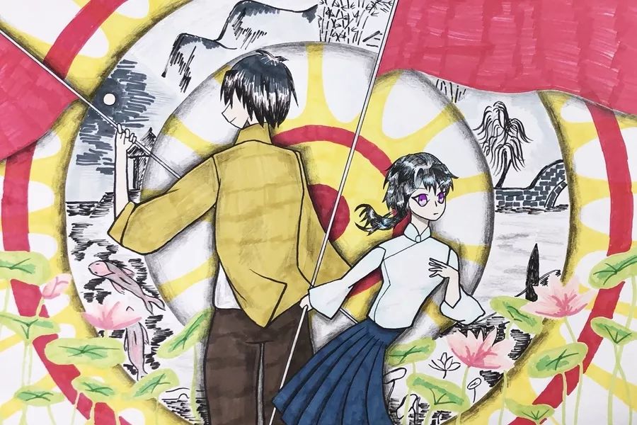 步骤3：《时代》朝气蓬勃的青年手中挥舞着红旗，老将不死薪火相传，新时代的我们将带着前辈们红色的记忆继续坚定地向前走去。茂盛的荷花代表祖国的大好河山，我们将会世世代代守护这片养育我们的土地。外圈的西湖十景以水墨画的形式呈现，象征中华的传统文化。背景是红黄相间的同心圆，有太阳的元素在，代表祖国的前途一片光明。