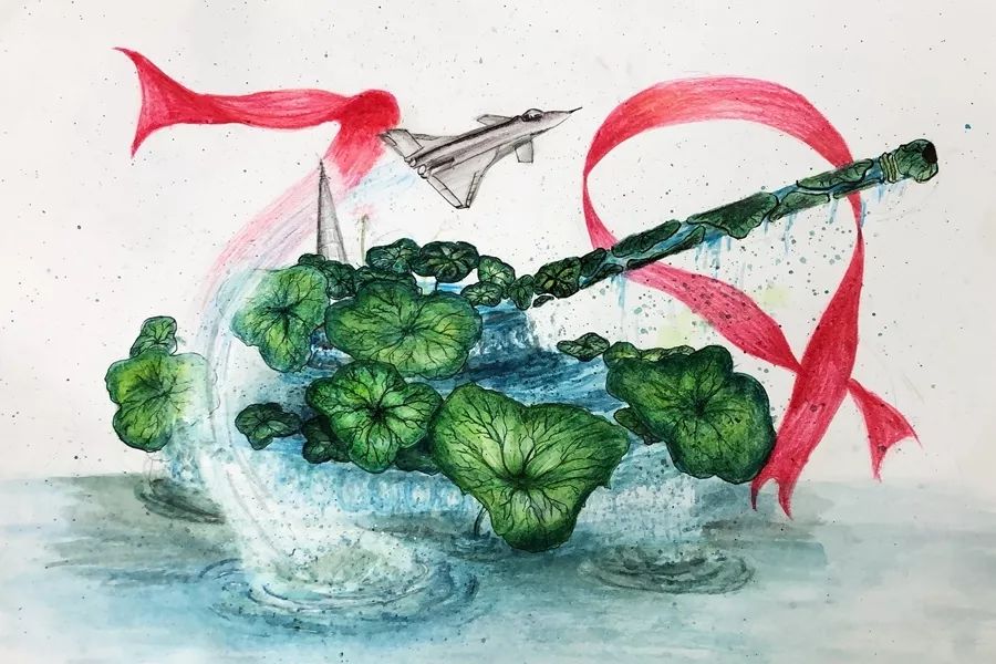 步骤1：《坦克》以西湖之水孕育的荷叶，幻化成坦克的造型，与空中的战斗机交相辉映，彰显中国国家军事力量的强大，表达了繁荣富强的祖国是人民最坚强的后盾。水中跃起的红丝带形成70的造型，营造了庆祝建国七十周年的欢乐气氛，祝愿中国未来更加强盛！