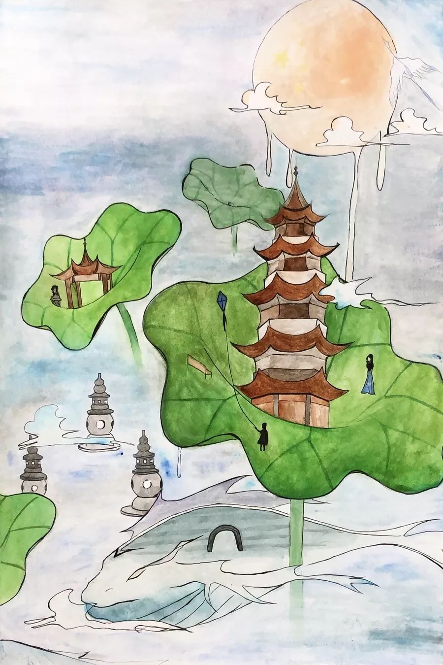 步骤4：《西湖映像》穹顶温润的太阳闪烁着五星，那染着革命胜利的光辉发散着，传递着。烟雨中，西湖跨过几度岁月，多少打磨，依然宁静自如。荷上，映出雷峰塔；云雾间隐现着三潭印月；神话般的大鱼游过，驮着古老的断桥，多久不曾放下；中华儿女祝福祖国，它流淌进每一滴湖水，每一个人心，渗透······