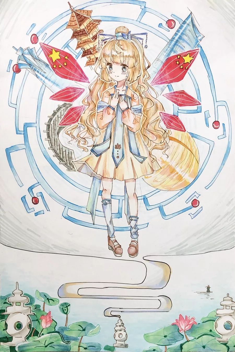 步骤5：《中国梦，西湖梦》画面下部分有西湖的标志性景物——三潭映月。人物身着汉服，上部分画了杭州如今的现代建筑，寓意着新城镇走向科技越来越发达的未来；人物旁边的一双翅膀，涂上了国旗的颜色，指明是祖国成就了杭州的美好今日。