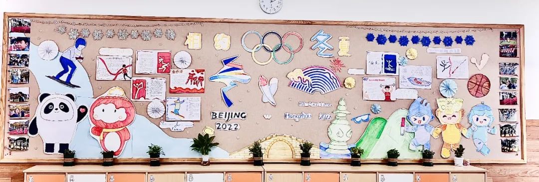 步骤4：设计理念： 我们的板报设计围绕北京冬奥和杭州亚运两大盛会展开，以运动为主题，板报一半为冰雪交融的北京冬奥元素加，一半为山水秀丽的杭州亚运元素并加上杭州地标，再融合进同学们的主题板报，做内容和形式的填充，最后形成我们的整个板报版面。