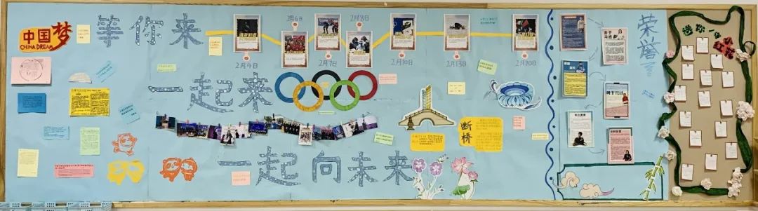 步骤6：设计理念：标语代表了千万人的梦想，而浅蓝的的背景有着“天高任鸟飞，海阔凭鱼跃”的寓意。整个板报带着对亚运的期盼，承载着对未来的向往。
