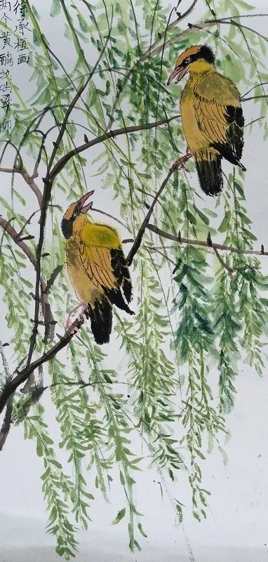 两个黄鹂鸣翠柳《绝句》诗配画作品3张-图3