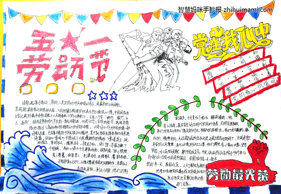 步骤4：作品介绍：作品把五一劳动节和党在我心中结合起来，内容写了劳动节的内容和意义。还有作为青年的我们该如何做，结尾画了劳动最光荣和加油的手势。