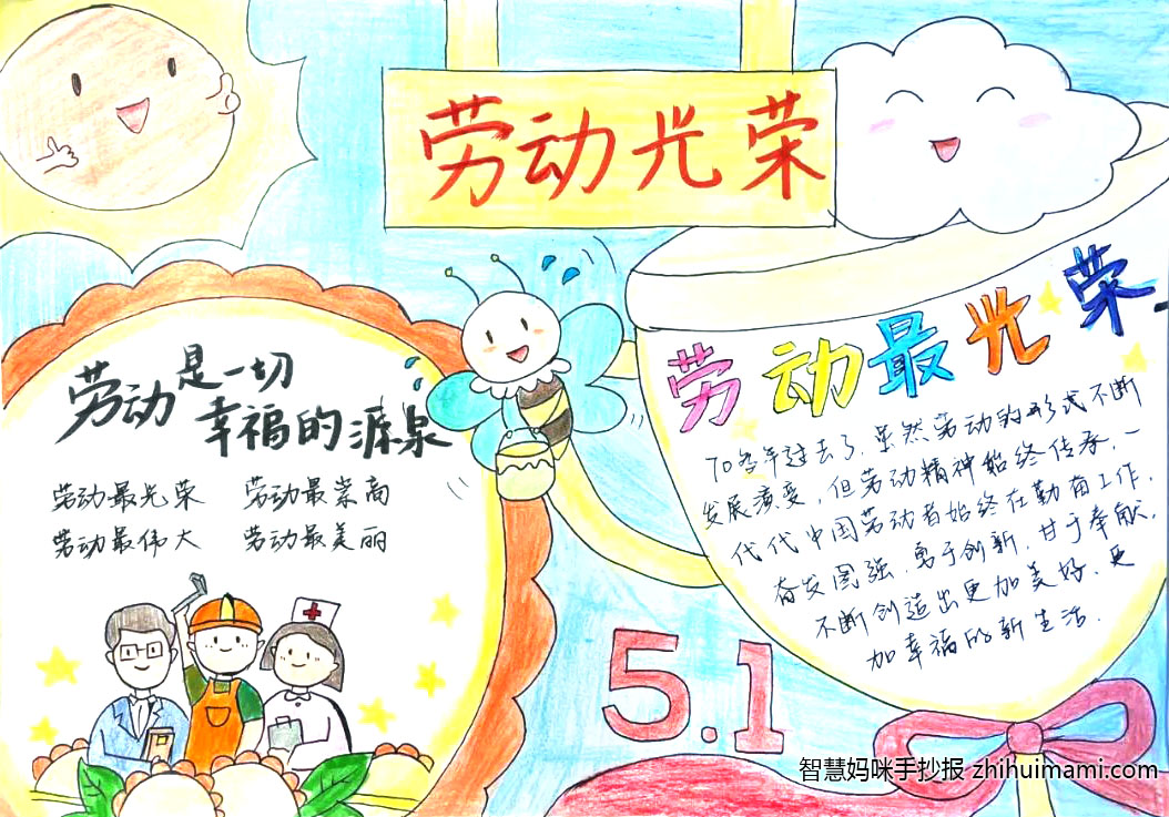 步骤7：作品介绍：劳动是一种奉献，更是一种分享。国际劳动节又称“五一国际劳动节”，它是全世界劳动人民共同拥有的节日。新中国成立以后，政务院于将5月1日定为法定的劳动节，人们聚集在公园、剧院、广场，参加各种庆祝集会或文体娱乐活动，并对有突出贡献的劳动者进行表彰。作为大学生的我们应当积极弘扬劳动者精神在劳动过程中发现和探索真理从而不断完善自己，这也是我这次画板报的初衷。