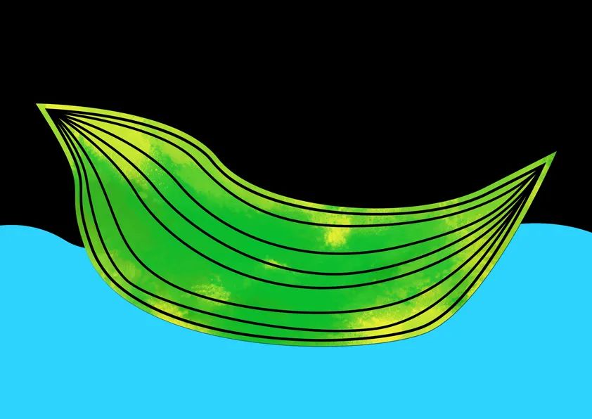 步骤2：接着，我们用黄、绿两种颜色给素描纸染色，然后把素描纸剪成粽叶形状（如上图，造型上刻意向船靠拢），并用黑色勾线笔画出纹理，粘贴到蓝色卡纸上。