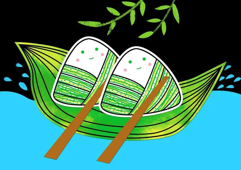 步骤4：重复上一步骤，再添加一只粽子和一根木桨在小船上。接着，我们用重彩油画棒在黑色卡纸上画出水面的浪花和两条柳叶。