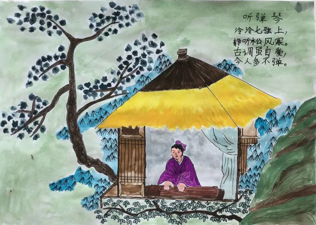 漂亮的古诗绘画作品《听弹琴》