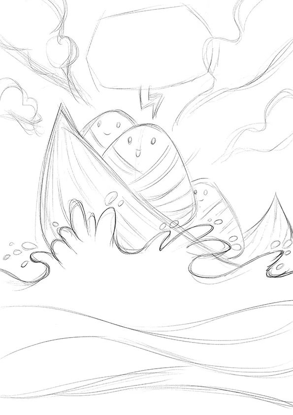 步骤1：首先我们用铅笔画出粽子们乘风破浪的草图。