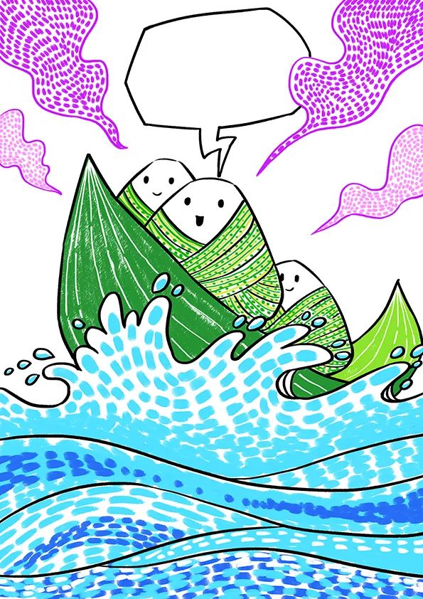 步骤4：接着我们给粽子们上色，并画出空中紫色的云朵，取“紫气东来”的寓意。