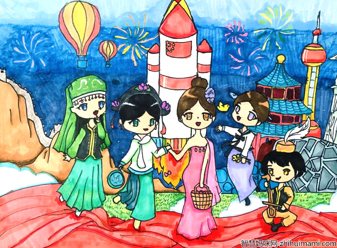 童心稚手绘画卷 民族团结一家亲主题绘画5张-图1