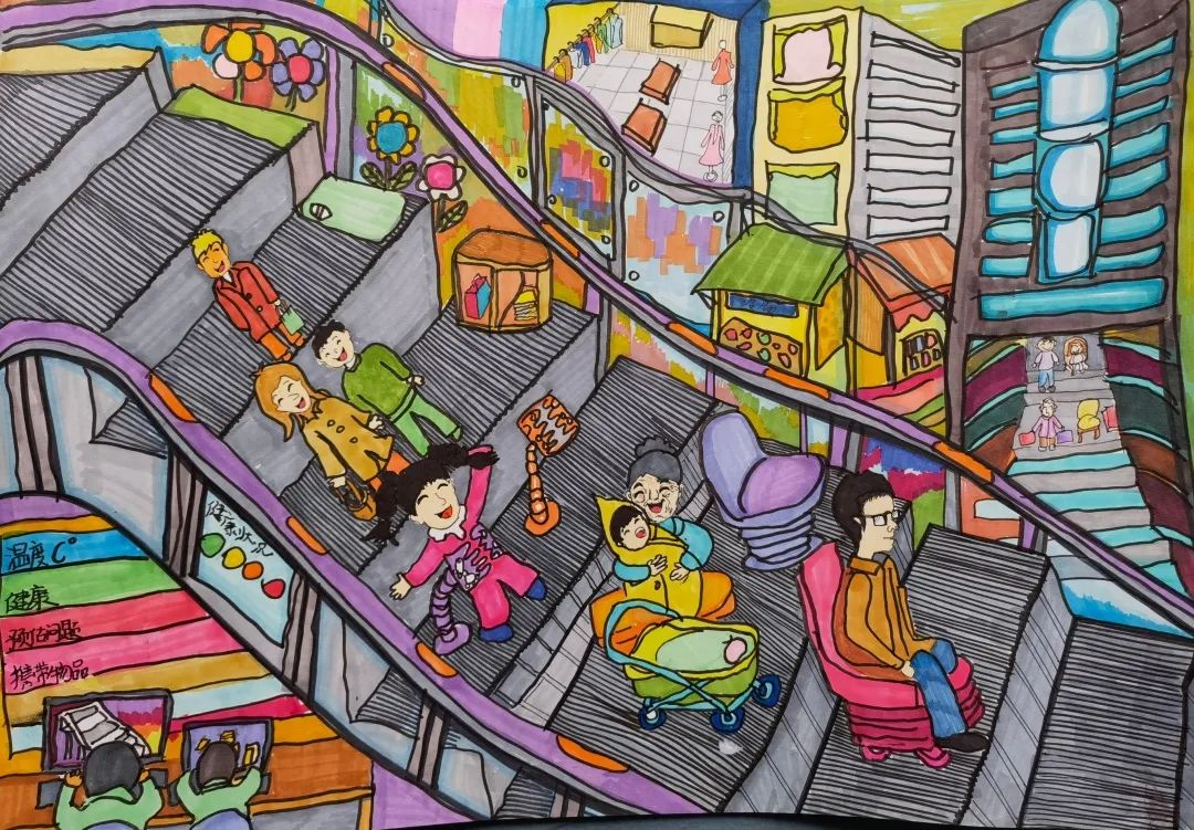 少年儿童科学幻想绘画作品：《便民电梯》