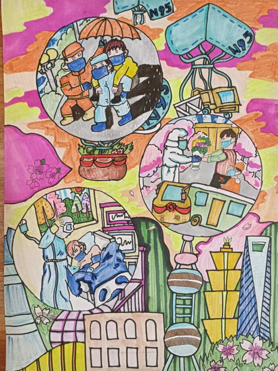 小学生漂亮的抗疫主题儿童画致敬医护工作者-图4
