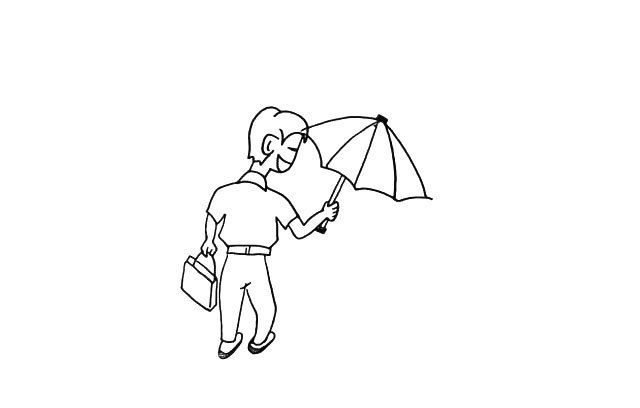 步骤7：父亲的左手上提着一个公文包.右手打着一把雨伞。