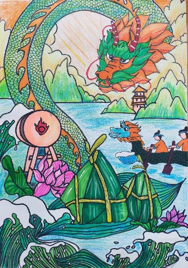 端午节主题儿童画《赛龙舟》-图1