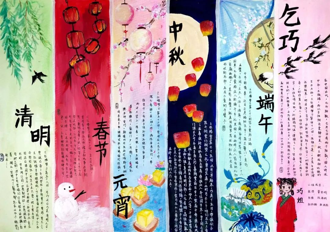 步骤2：作品创作介绍：我们选取了六个节日，抓住各个节日特色，将画纸分为六个竖版，这可以更好地展现节日特色。并从《红楼梦》中截取小段素材，再加上对《红楼梦》中部分习俗的解释以便帮助同学们更轻松地读好《红楼梦》。