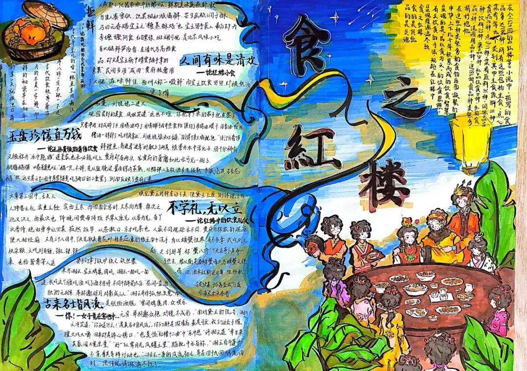 步骤4：作品创作介绍：古人云：民以食为天，美食特色自然也在这“古代百科全书”《红楼梦》中体现得淋漓尽致，《红楼梦》中的主食、甜品、小吃、菜肴种类繁多，精美绝伦，这些美食凝聚着中华民族几千年的饮食文化，食的是美食，品的是中华民族几千年的文化积淀。