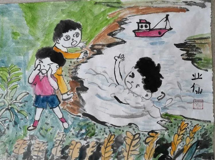 “我会保护自己”预防溺水学生绘画作品-图1