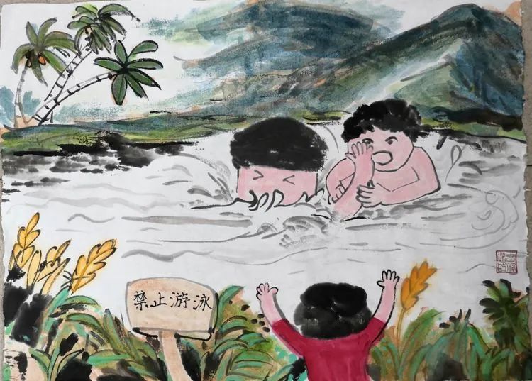 “我会保护自己”预防溺水学生绘画作品-图2