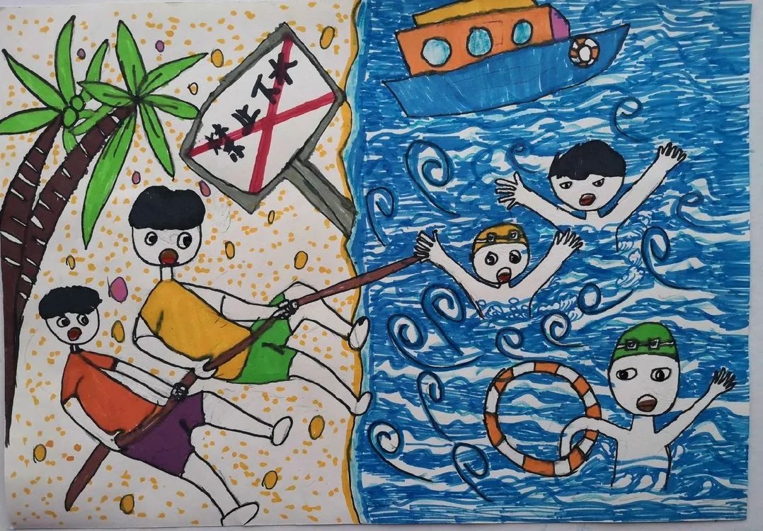 《珍惜生命 远离水域》暑期防溺水安全教育儿童画作品-图3