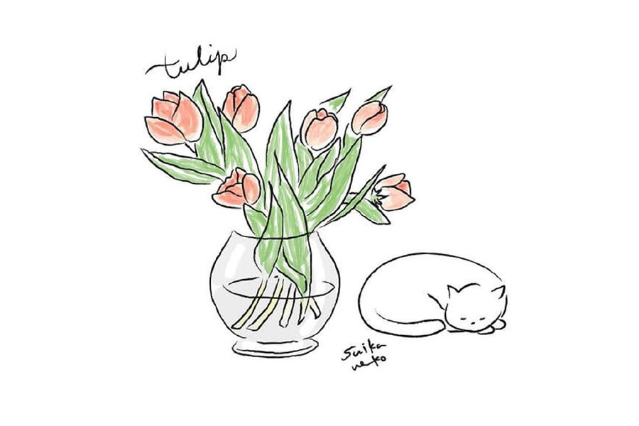 又简单又美好猫咪与花儿简笔画图片-图1