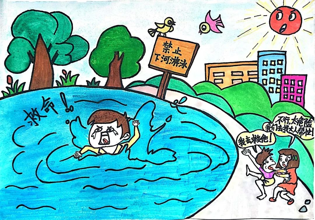 步骤3：作品说明：夏天到了，小朋友们都喜欢游泳。若遇落水者呼救，千万不要盲目施救，一定要大声呼救或拨打110，或将可飘浮的东西抛向落水者，让他抓住。像图上这位小朋友的做法就不对，大家千万不要学。