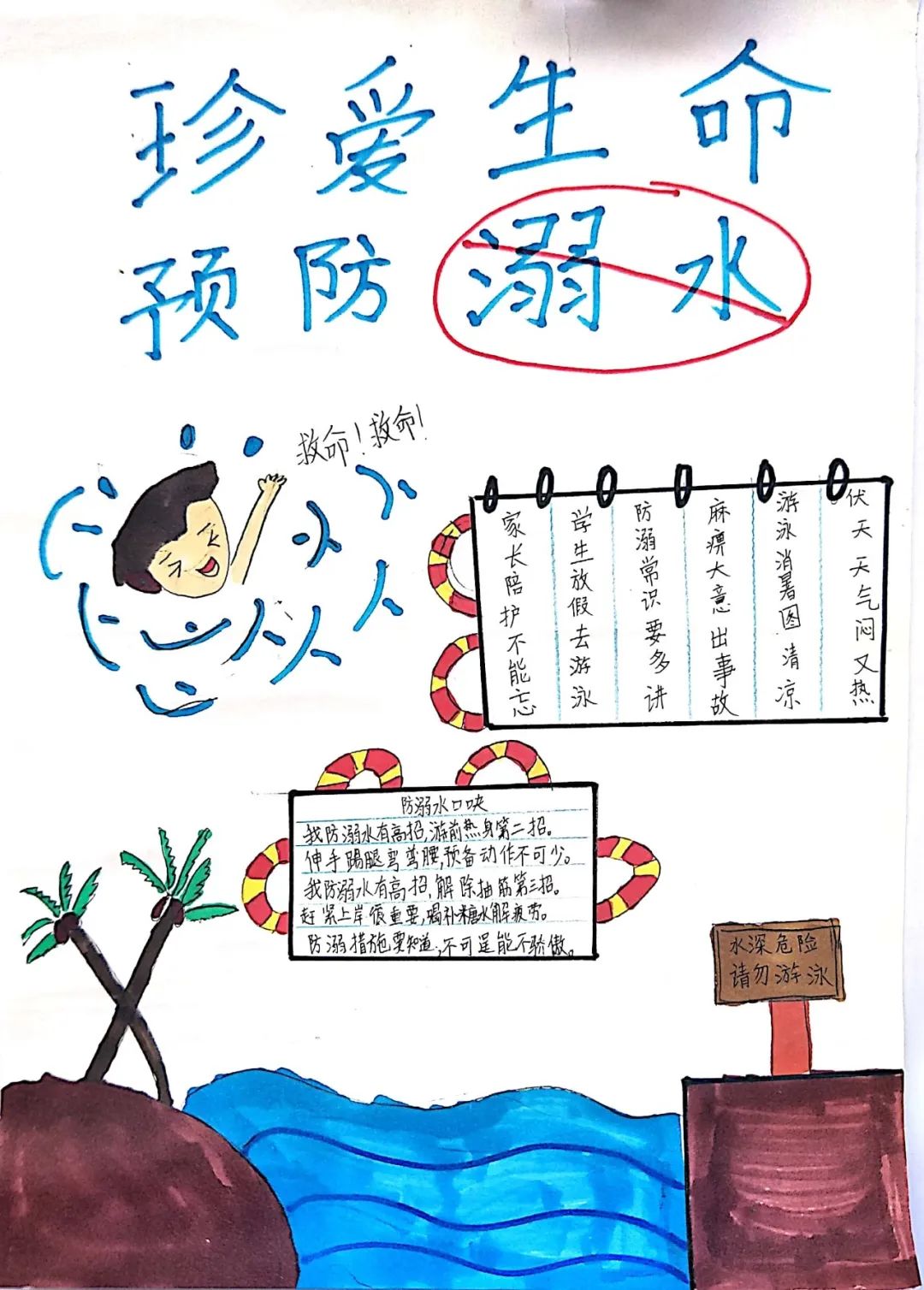 步骤4：作品说明：溺水危险无处不在，在没有大人陪同的情况下去危险水域戏水，溺水事故极易发生！落水后若是没人能进行及时的施救，更是会让悲剧一幕幕上演，让一个个生命遗憾地离开！相比之下，正规游泳场所才是我们感受夏天凉爽更好的选择！