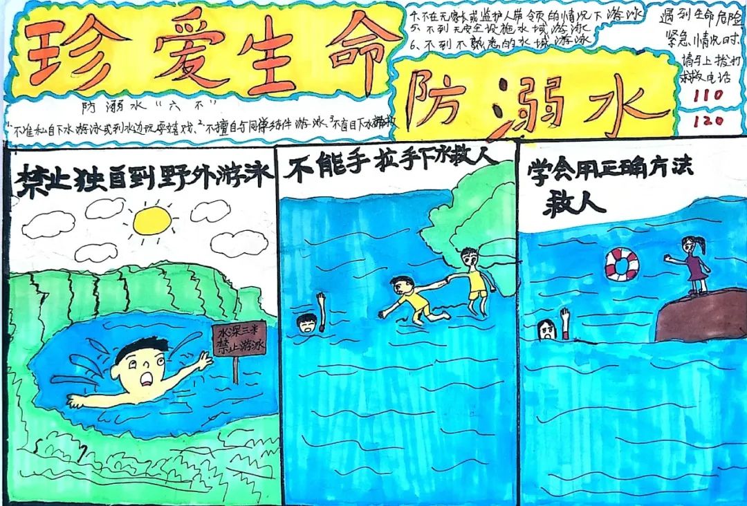 步骤5：作品说明：炎炎夏日，又有小朋友要忍不住去池塘边嬉戏了！千万不可以哦！你看，独自一人到野外的水域玩耍，掉进去是很难获救的！若有人不幸落水，我们也不要盲目手拉手施救哦，除了大声呼救外，我们可以找找旁边是否有可漂浮物，丢给落水者。小朋友们，你们知道了吗？