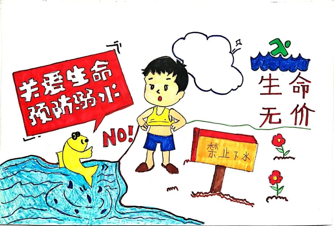 步骤2：作品说明：这幅画想表达的是生命是无价的，我们应关爱生命，预防溺水。不能随便到野外的水域去玩水，不然很容易发生溺水事故。
