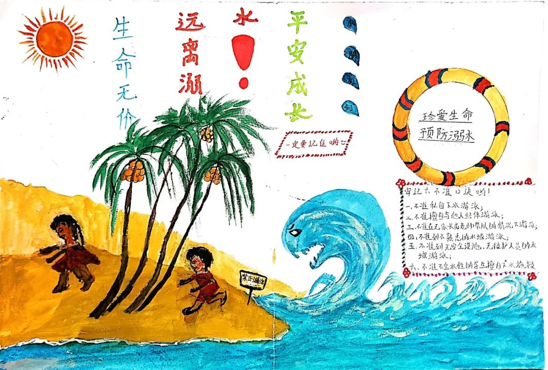 步骤5：作品说明：同学们夏天已至又是游泳的好季节，但是游泳也是非常危险的。我们一定要记住六不准口诀，谨防溺水，千万别让无情的水夺走我们稚嫩而宝贵的生命，预防溺水，人人有责，从我做起！