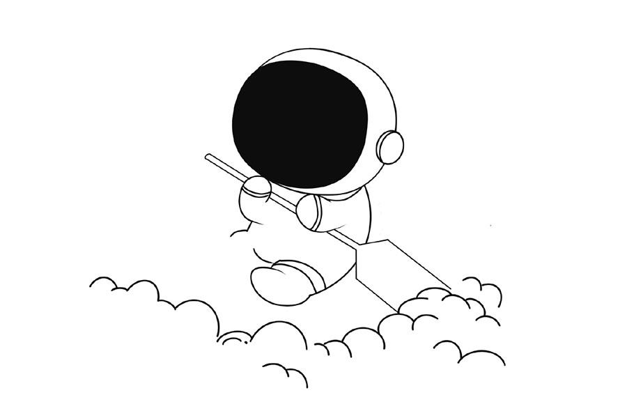 超浪漫太空人划月亮船简笔画画法步骤-图4