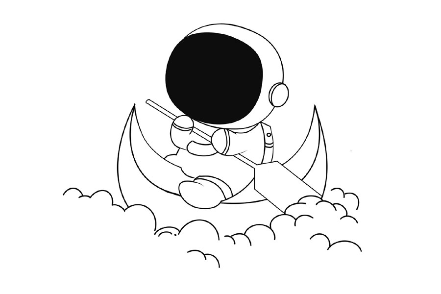 超浪漫太空人划月亮船简笔画画法步骤-图5