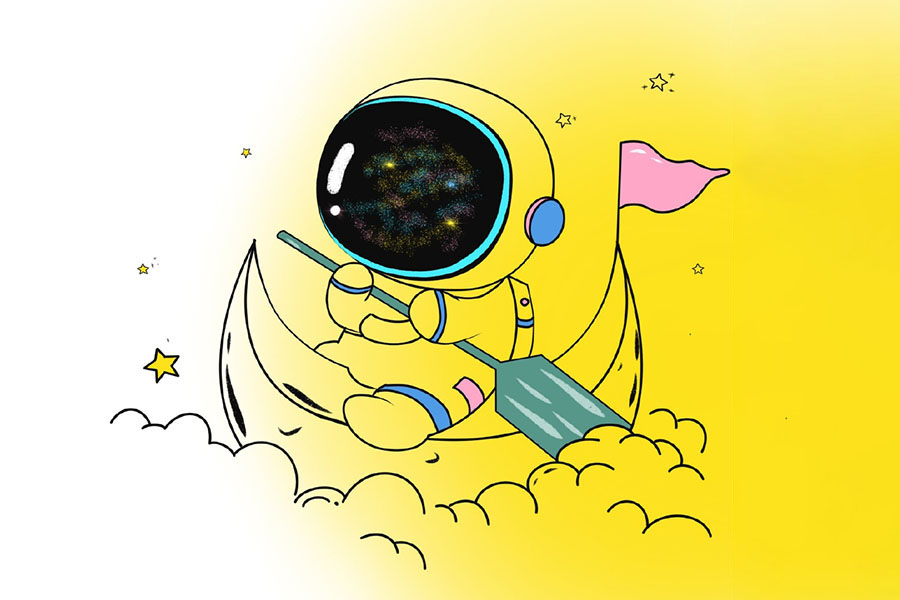 超浪漫太空人划月亮船简笔画画法步骤