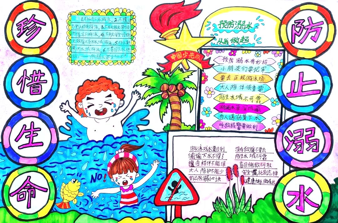 ”珍惜生命 防止溺水“小学生防溺水宣传手抄报一年级-图3