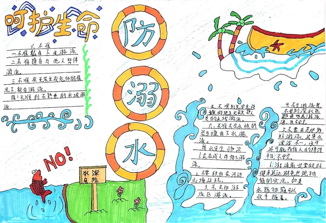 步骤5：呵护生命，远离水库。这幅画是介绍防溺水的六不准和安全小知识。图中的小鱼是提示我们不能下水游泳。还有旁边的提示牌上面写着“水深危险”是水很深，不能下水游泳的意思。