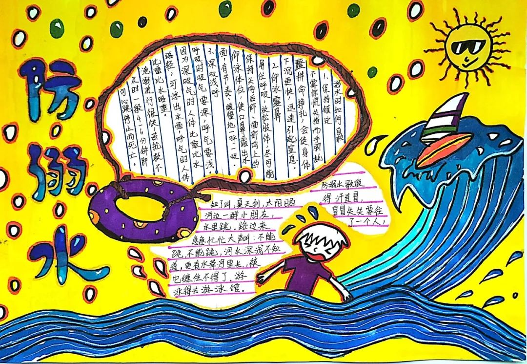 步骤1：1、之所以用黄色打底，因为黄色醒目，令人注意防溺水的重要性。  2、画个太阳是因为溺水都在夏天发生，要时刻警惕。